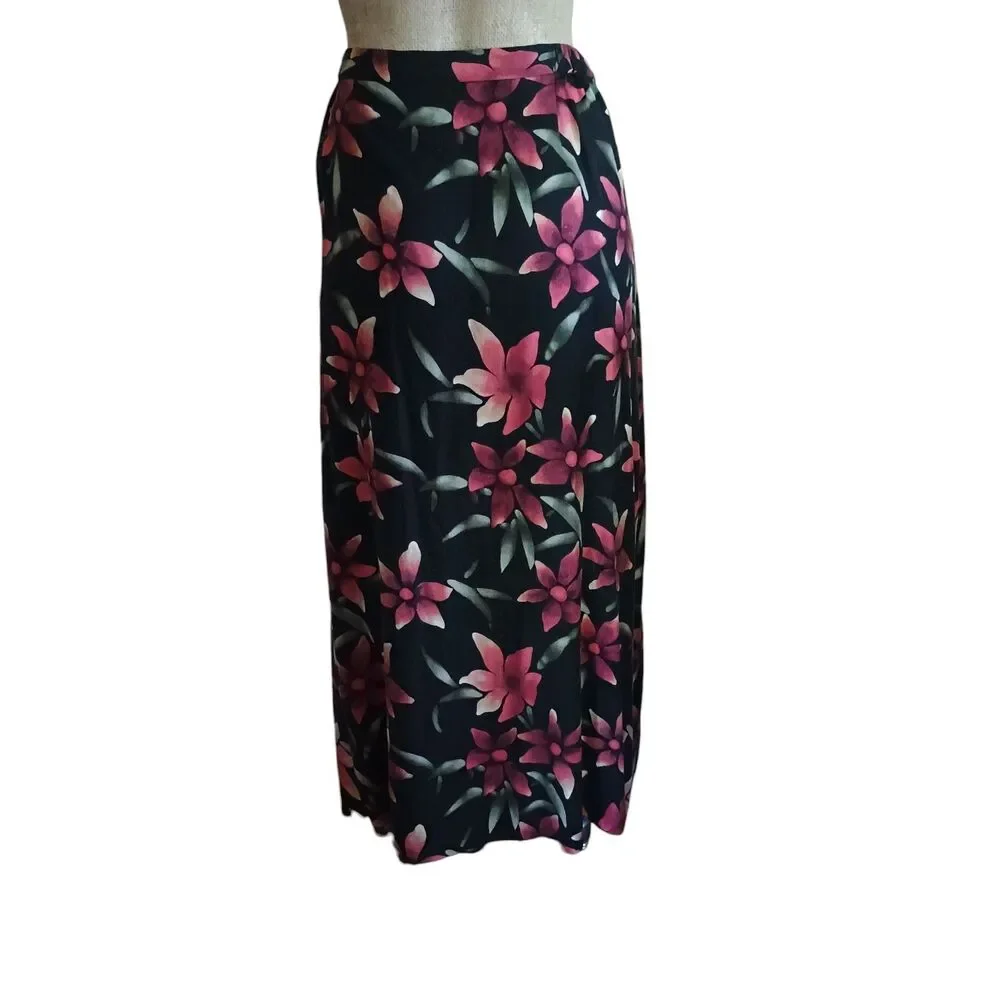 Valerie Stevens Plus Size 22W 100% Silk Black Floral Tropical Midi Button Front